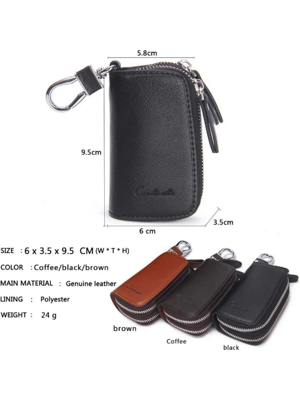Stylish Small Leather Double Zipper Key Holder Case with 4 Keyrings - Key